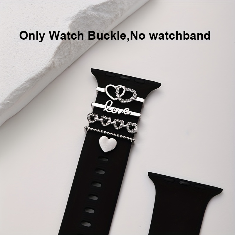 Image of 1set Fashion Cute Cartoon Iwatch Band Charms - Elegant Heart Rhinestone Strap With Shiny Charm Clasp, Decorative Ring Loops Gift For Women (38/40/41/42/44/45mm)