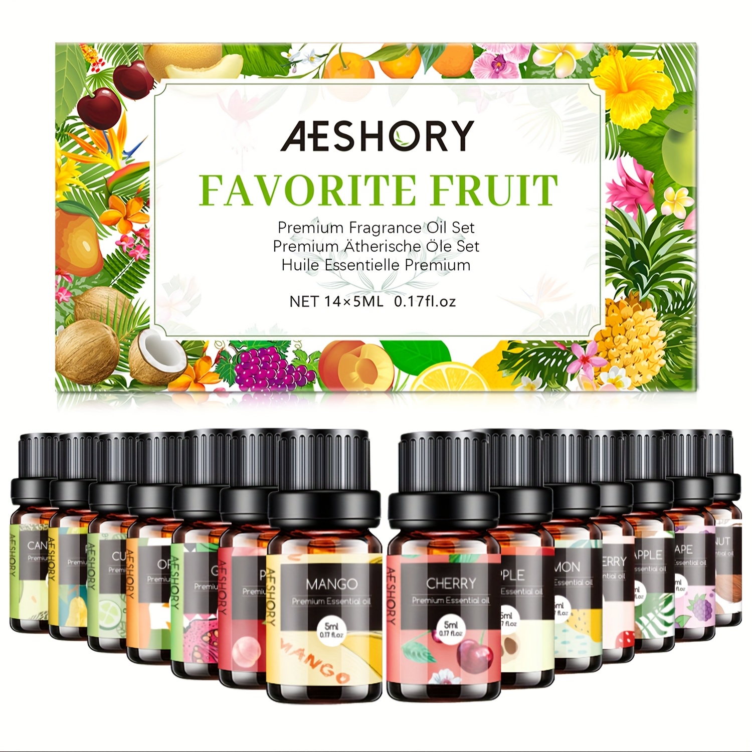 E-shop 14 x 5ml Fruchtige Ätherische Öle Set, Premium Duftöle für Diffuser, Luftbefeuchter, , Raumlufterfrischung - Erdbeere, , Ananas, Kirsche, Mango,