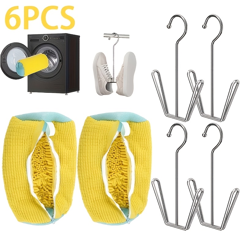 TEMU 6pcs Shoe Washing Bag Set, Shoe Care Bag   Stainless Steel Drying Hook, Reusable Shoe Washing And Care Bags, Professional Shoe Washing Bags And