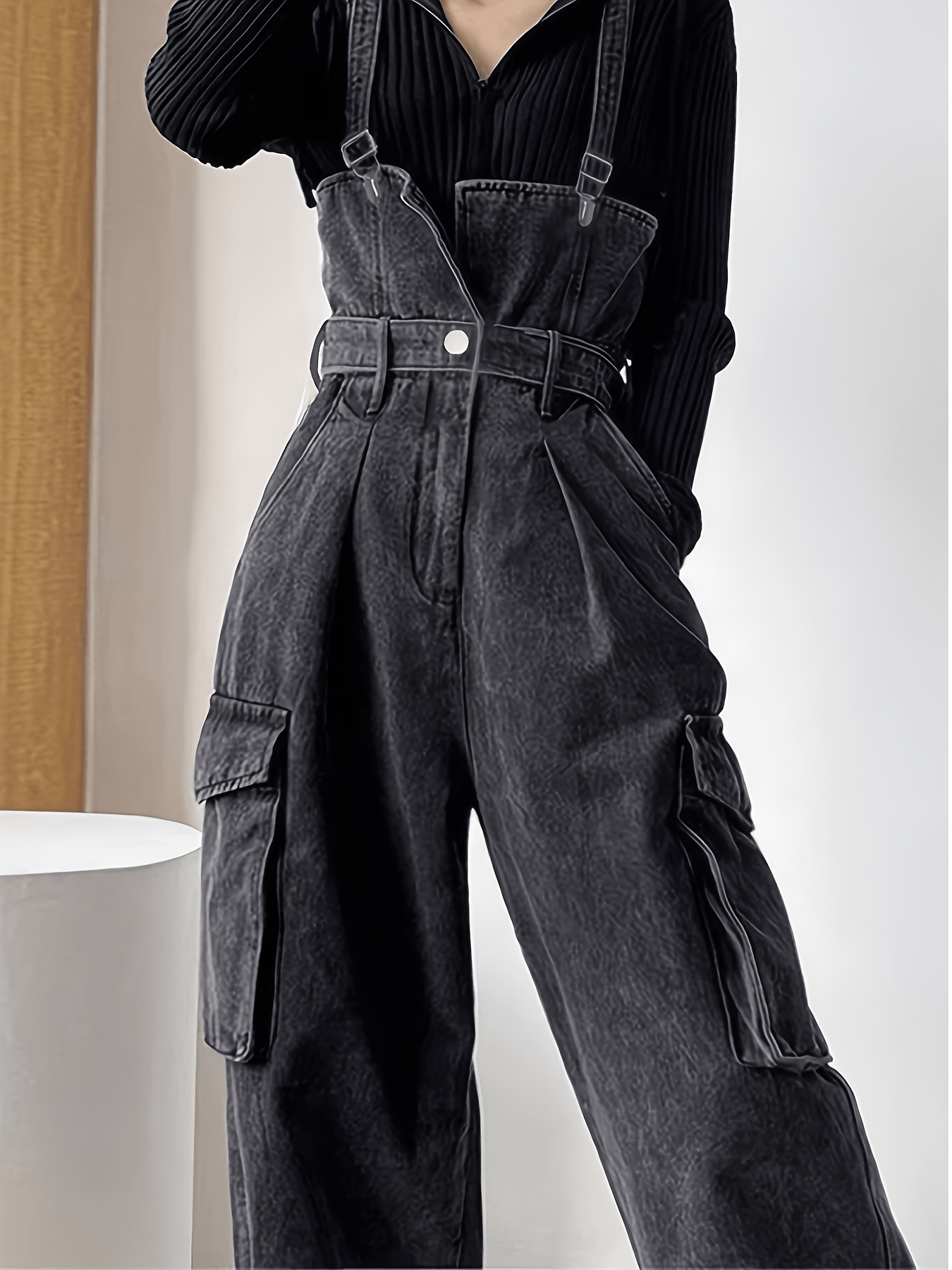 suspender high waisted pants sold on Temu United States