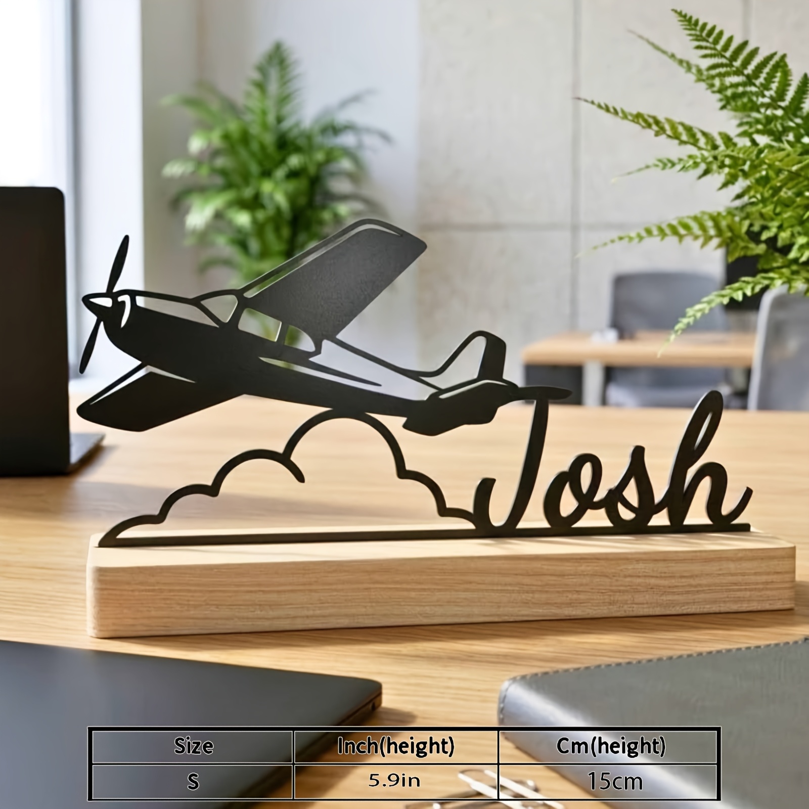 TEMU 2d Wall Decor??collectible Figurines??1pc Personalized Airplane Metal Desktop Ornament With Wooden Base Custom Name Aviation Decor For Office