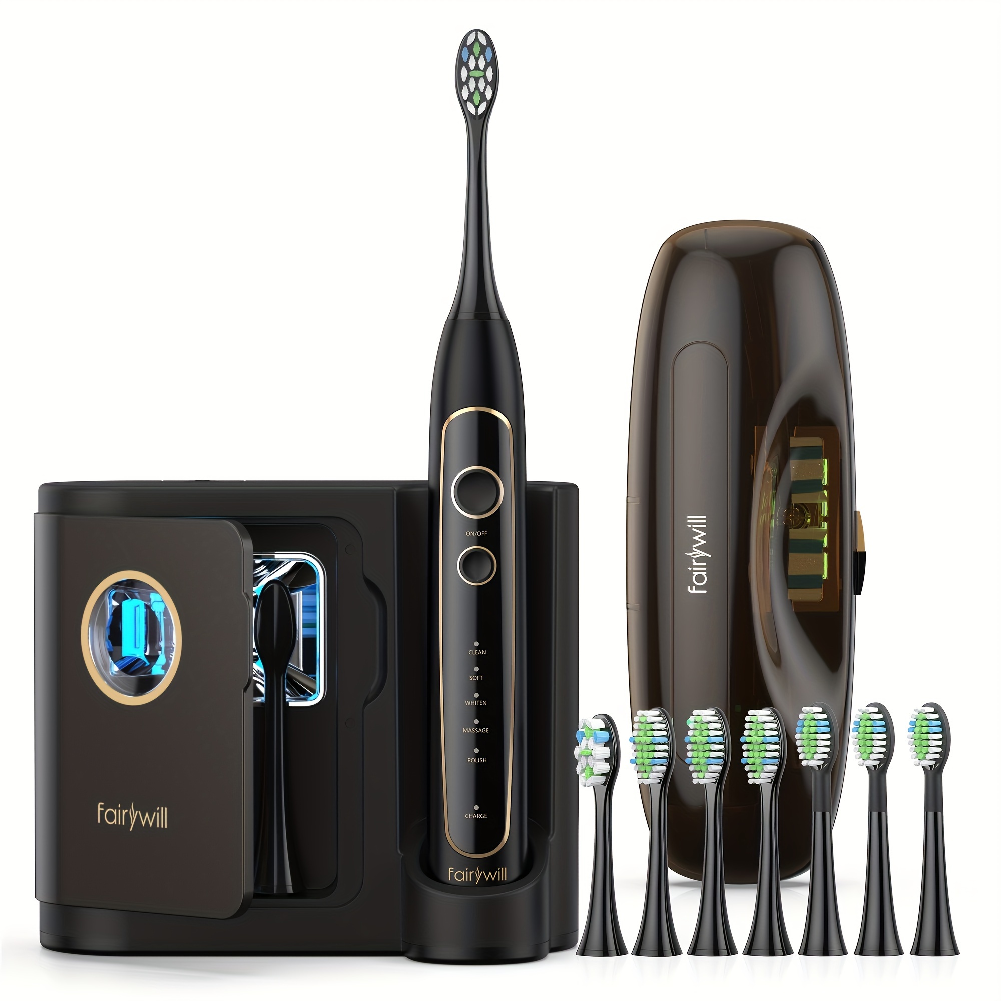 

Fairywill Electric Toothbrush With Uv Sanitizer, Ultra- Power Whitening Toothbrush With 5 Modes, Wireless Charging And Smart Timer, 8 Brush Heads With A Chargeable Travel Case