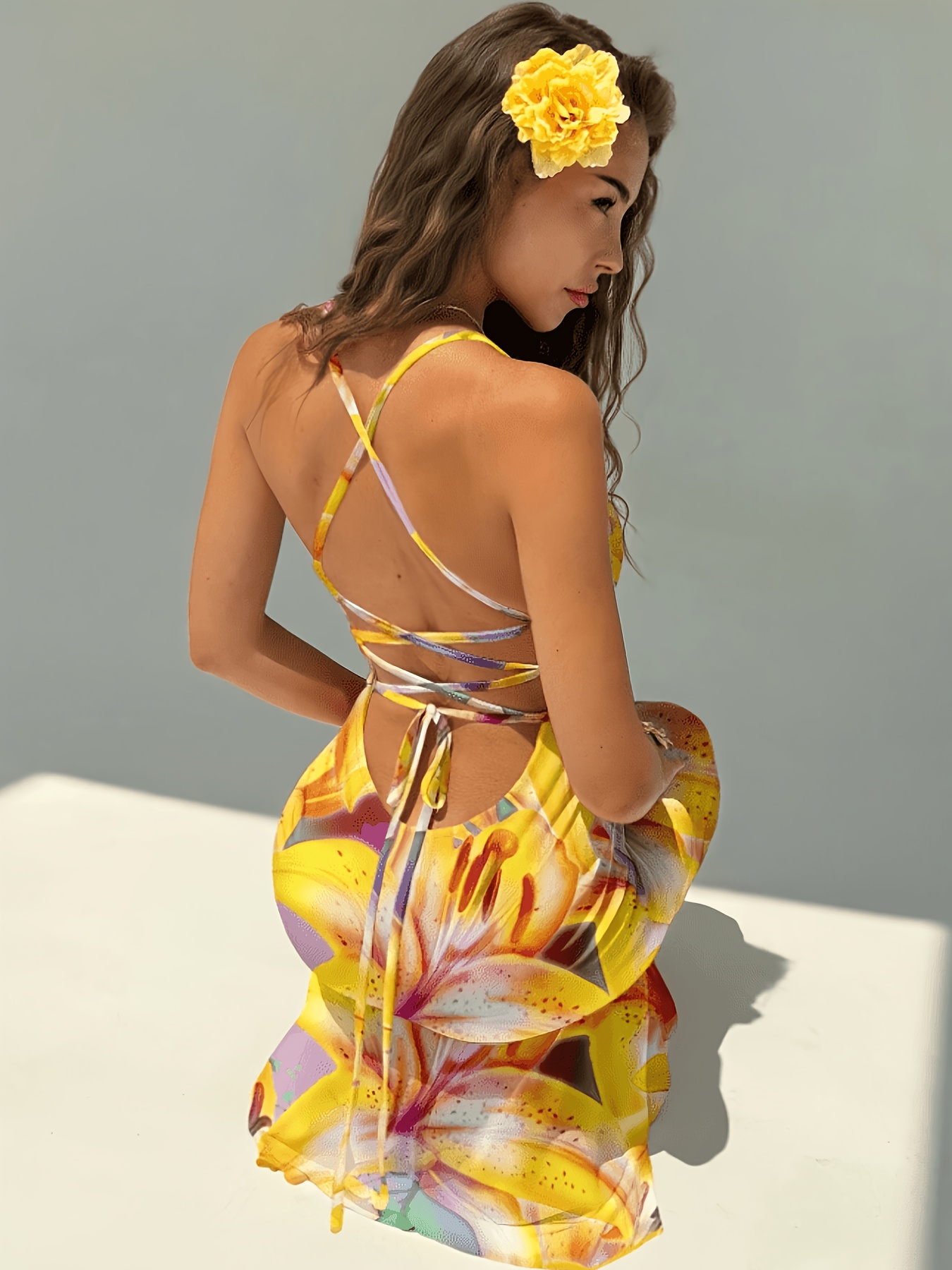 backless bandage dress yellow elegant backless bandage mesh print summer dress yellow lily