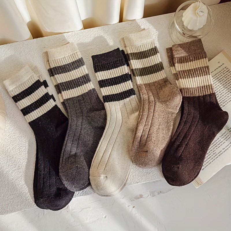 Image of 5-pair Women's Mid-calf Striped Socks, Autumn/winter Yose Slouch Socks, Vintage Japanese-style Long Socks