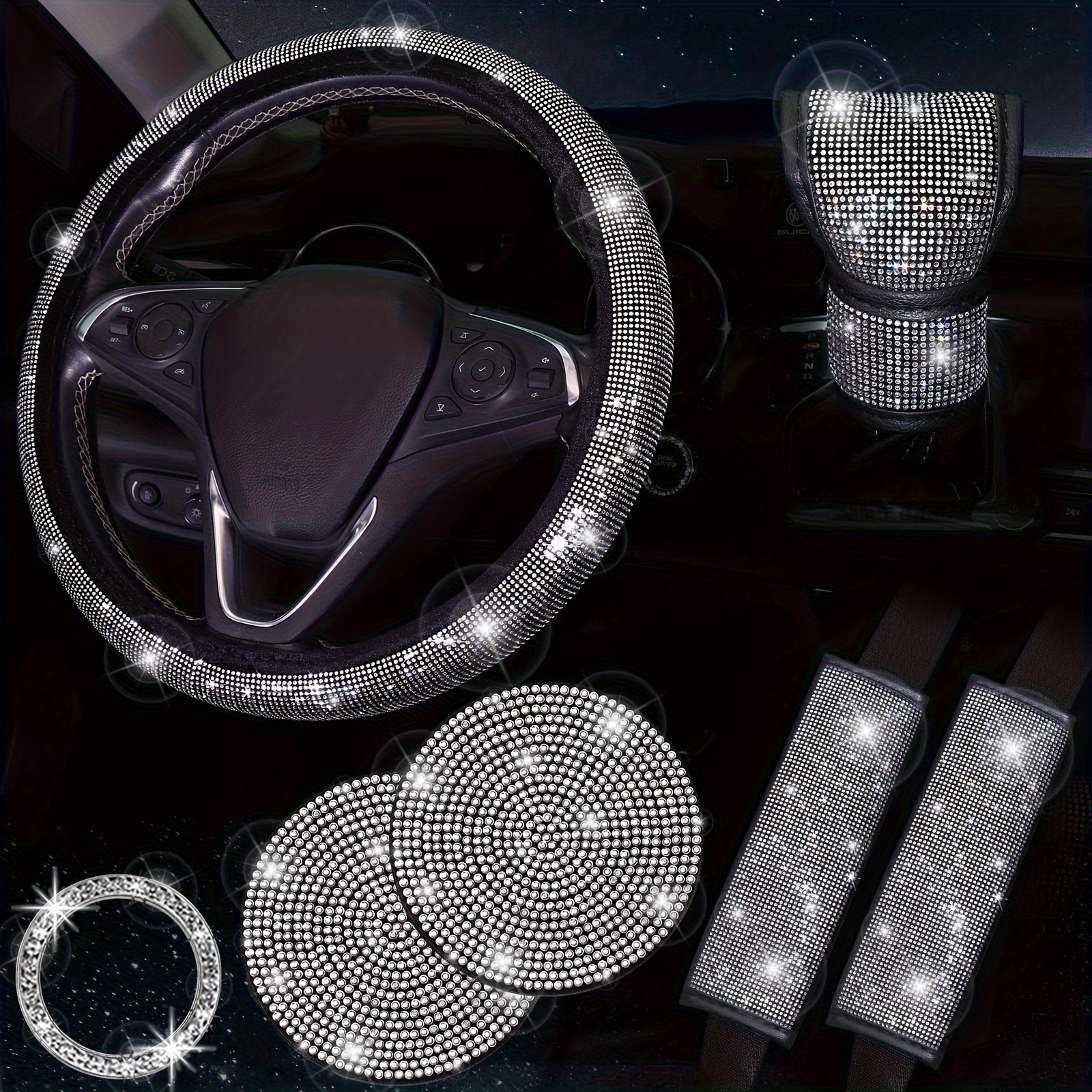 

Accessories, Sparkling Diamond Steering Wheel Cover, Glittering Safety Shoulder Strap, Sparkling Gear Shift Knob Cover, Car Cup Holder, Cute Interior Set