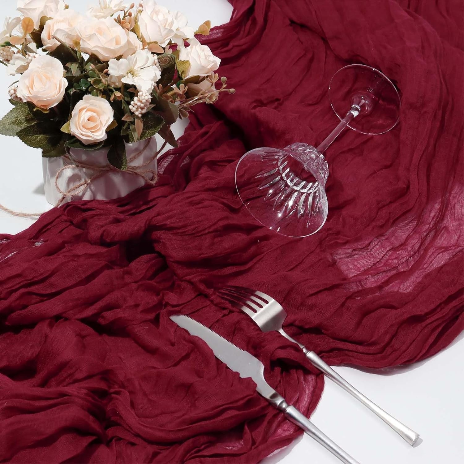 Image of 1pc Cotton 100% Burgundy Red Mothers Day Cheesecloth Table Runner Boho Rustic Gauze 120 Inch 10ft Cheese Cloth Runner For Wedding Party Baby Shower Birthday Home