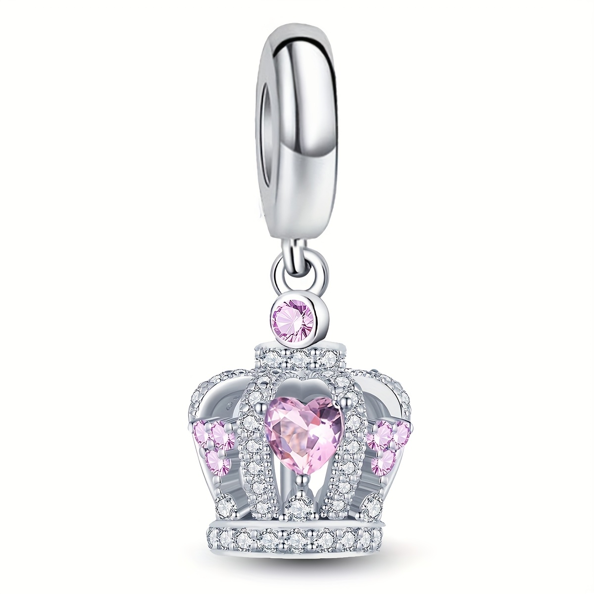 Image of 1pc Crown Pendant With Stone Pendant, 925 Silver Plated Pendant Fit Bracelet Bangle Necklace, Jewelry Making Additions Valentine's Day Mother's Day Gift For Women
