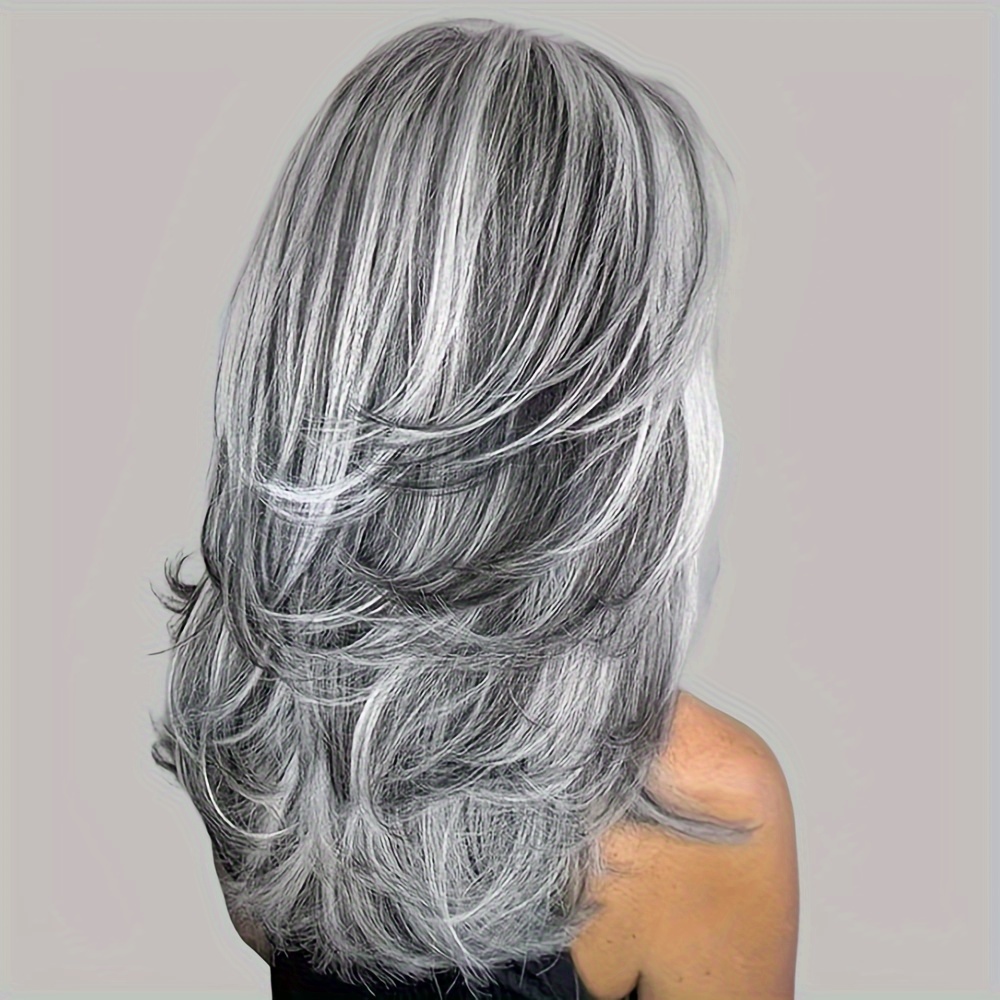 TEMU Gray Wig Long Layered Wigs For Women 18 Inch Silvery Wavy Wigs With Highlights Natural Womens Wigs Synthetic Hair Wig For Daily Party Cosplay