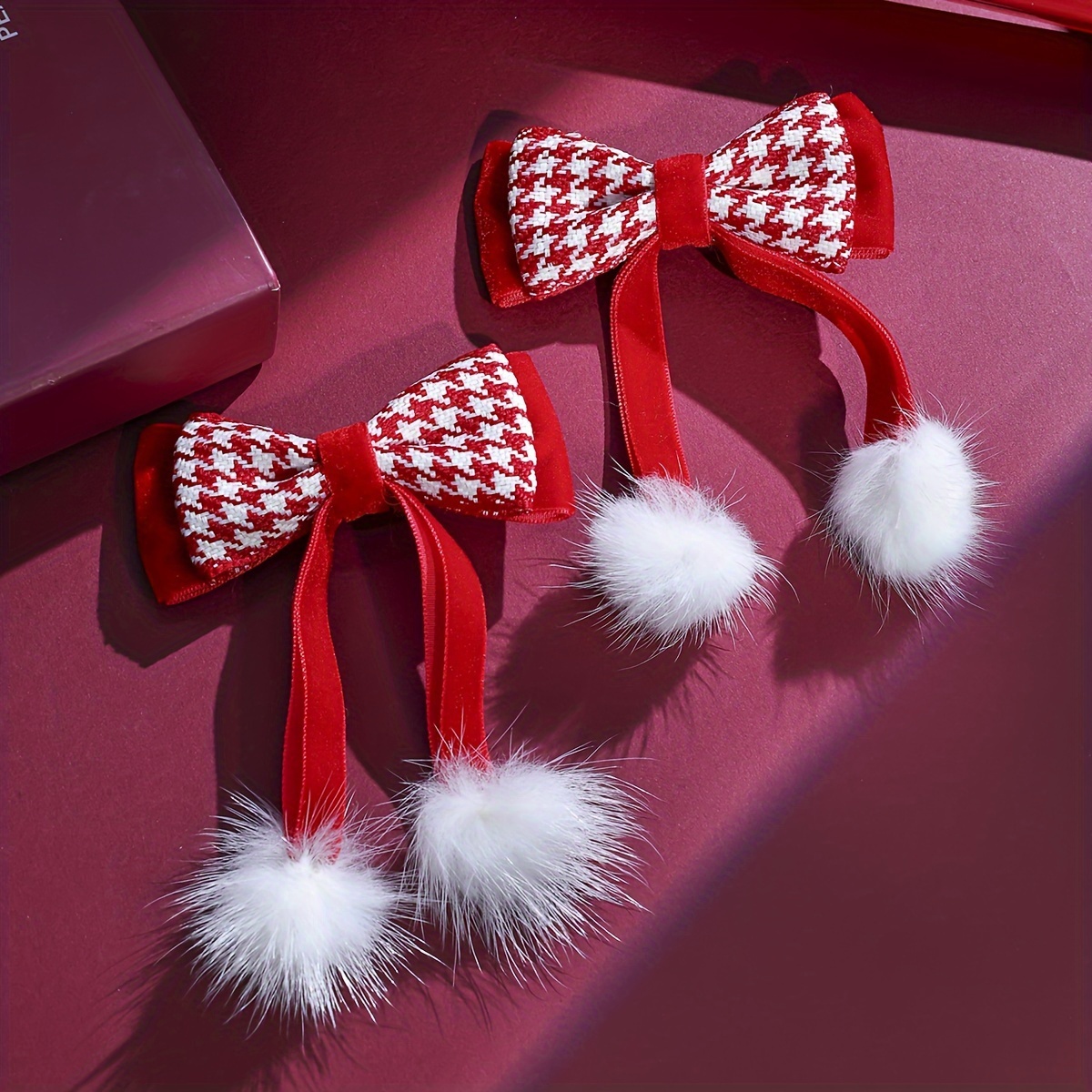 

[customer ] 2pcs Red Bow Hair Clips With Plush Tassels - Christmas & New Year's Gifts, Girls' Fashion Accessories