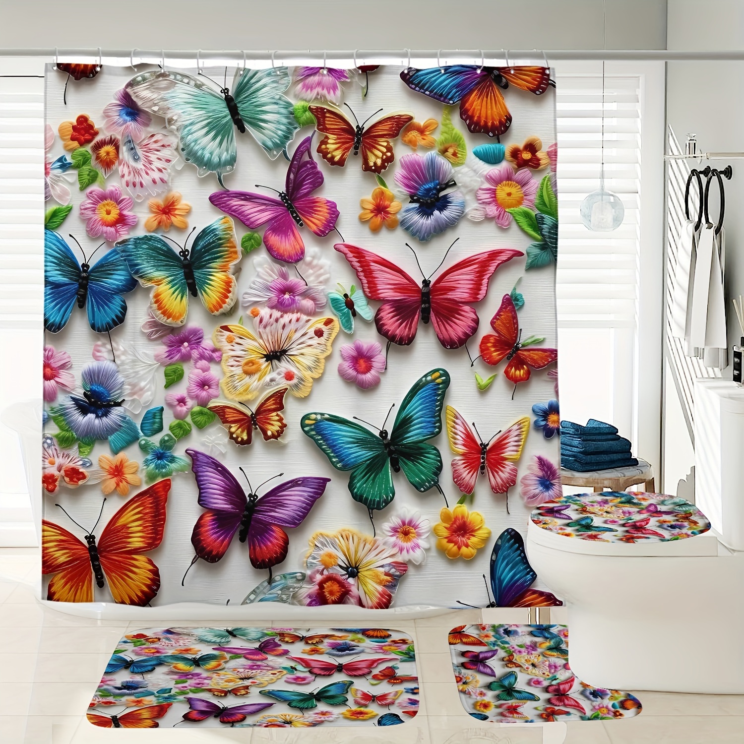 

1/3/4pcs Colorful Flower Butterfly Pattern Shower Curtain Set, Shower Curtain With 12 Hooks, Non-slip Bath Mat, U-shaped Toilet Mat, Toilet Mat, Bathroom Accessories, Home Decor