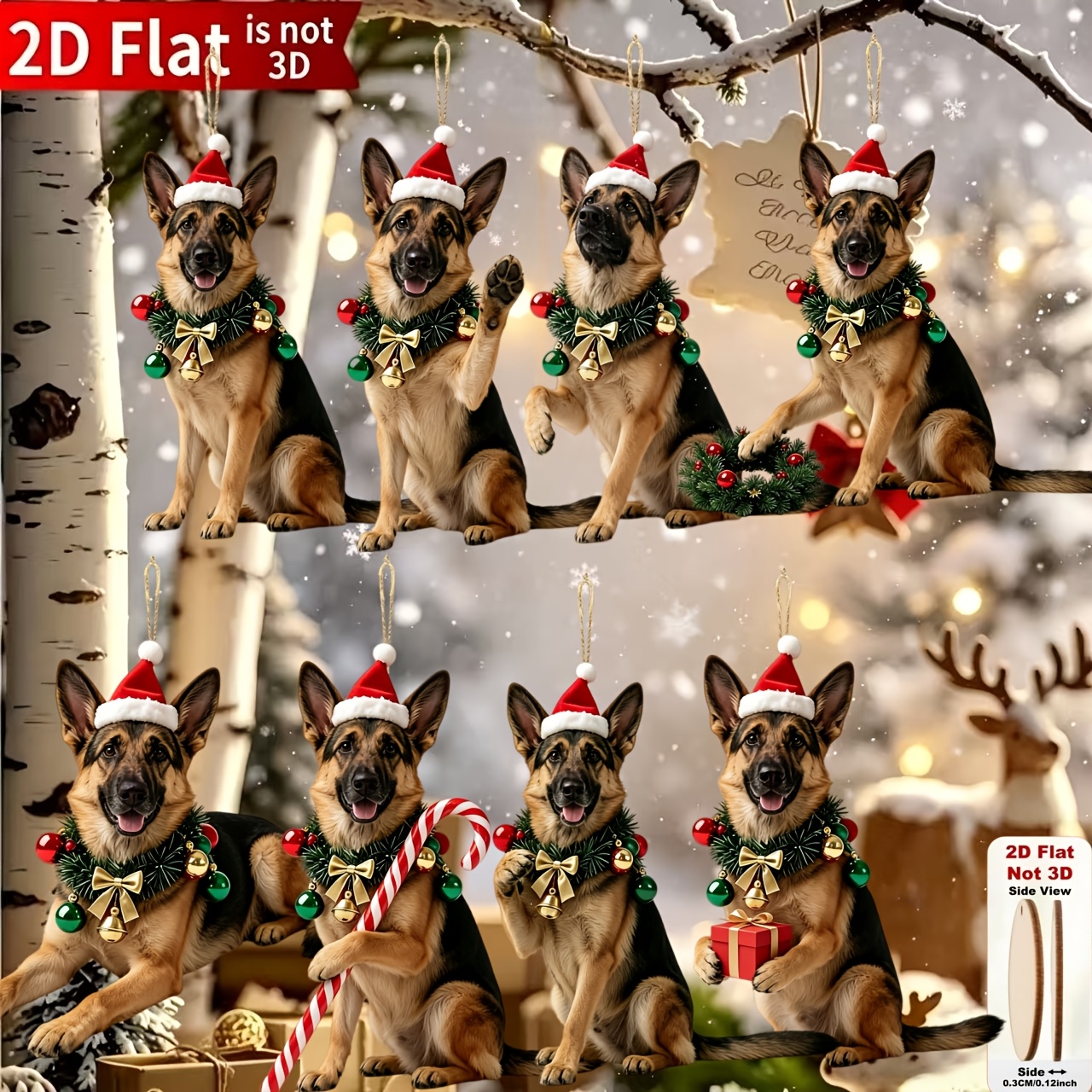 TEMU 2d Flat 8pcs Cute German Shepherd Wooden Christmas Ornaments, Classic Holiday Elements Printed Shapes, For Christmas And New Year Decor And