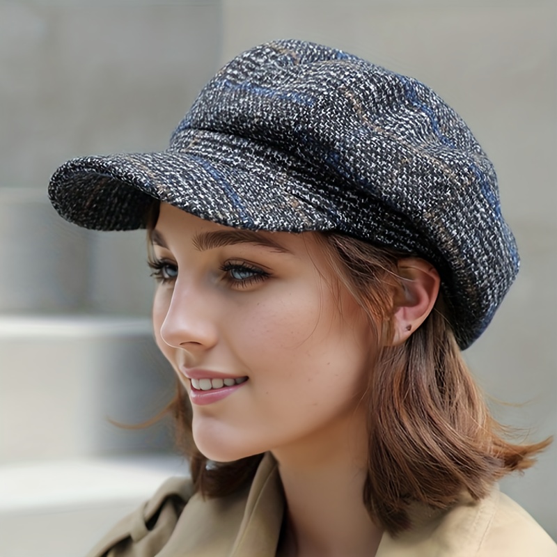 

Autumn/winter Elegant Checkered Tweed Beret Cap - Woven Craftsmanship, Polyester, Lightweight, Non-stretch, Classic British Style