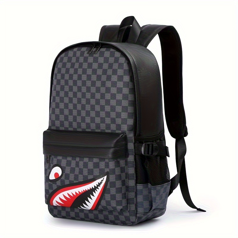 

Stylish Men's Anti-theft Backpack With Shark Mouth Design - Pu, Sporty Checkered Pattern For High School & College Students