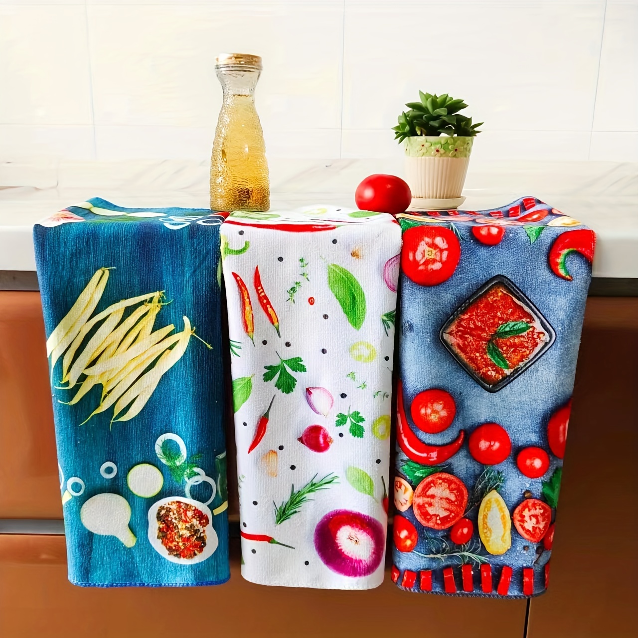 

3 torchons de cuisine en microfibre 40x60cm - Chiffon de cuisine imprimé, à thé, essuie-mains de cuisine, absorbant, non pelucheux, à suspendre, à vaisselle antiadhésif à l'huile