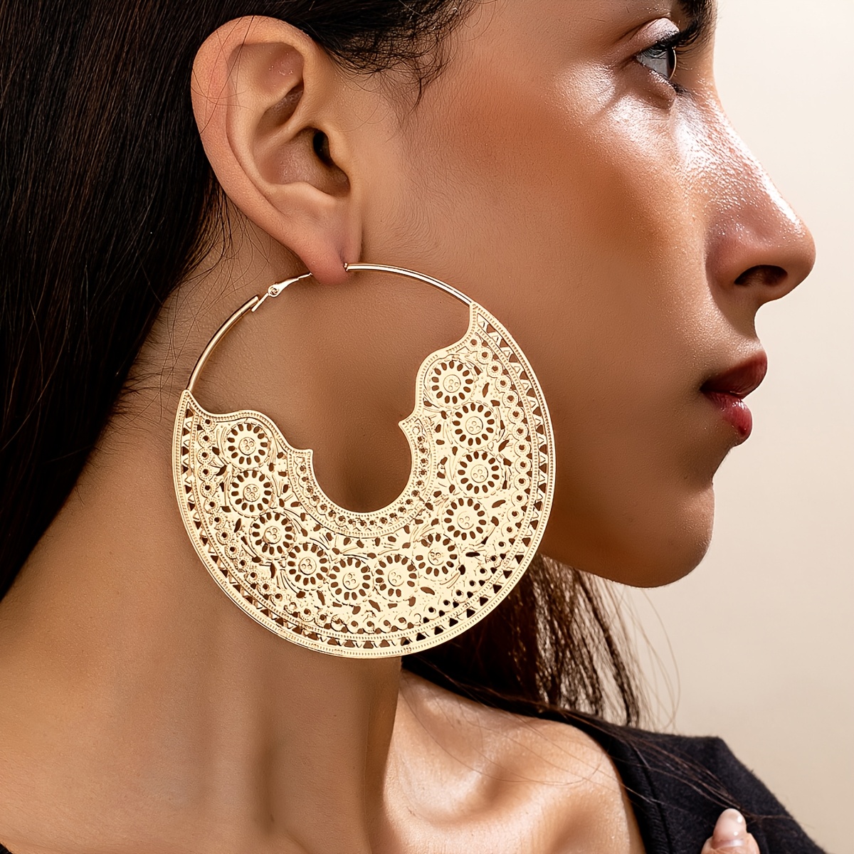 

Pair Of Stylish Large Geometric Hoop Earrings - Golden- Retro With Intricate Patterns, Casual Attire Or Parties, Jewelry | Accessory | Intricate Cutout Design