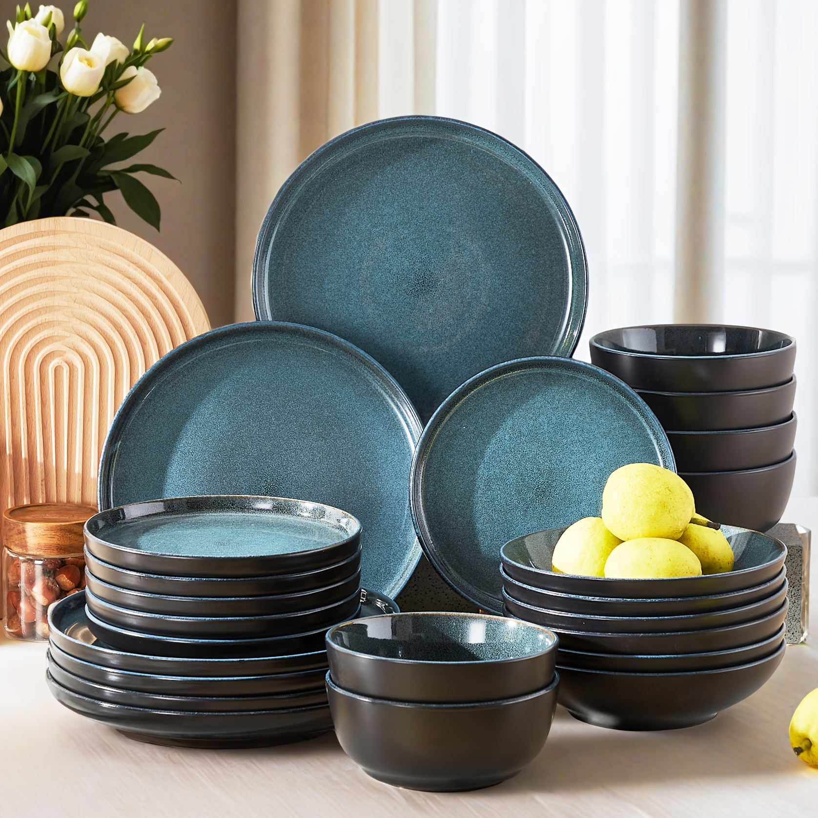 E-shop 24-teiliges modernes blaues Geschirrset für 6 Personen – Handgefertigtes komplettes Tafelservice (6 Essteller, Salatteller, Schüsseln)