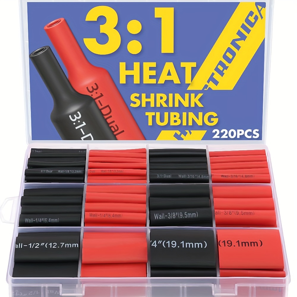 

3:1 Tubing Kit, 1/8" - 1" 220, 200, 199, 100pcs - , Red, 1.75" - 3.5" Long, 7 , Has A Of Adhesive - For And