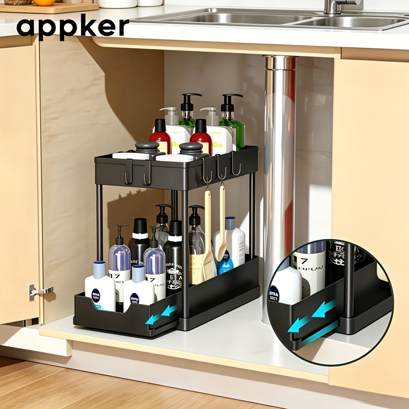TEMU Appker Organisateur Coulissant à 2 Niveaux pour Évier avec 5 Crochets, Étagère de Rangement Coulissante pour Placard, Solution de Rangement