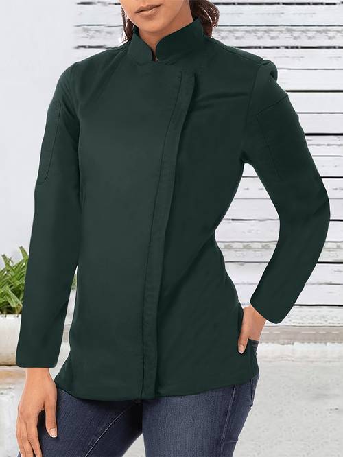 womens solid color small stand up collar chef outfit long sleeve zipper top
