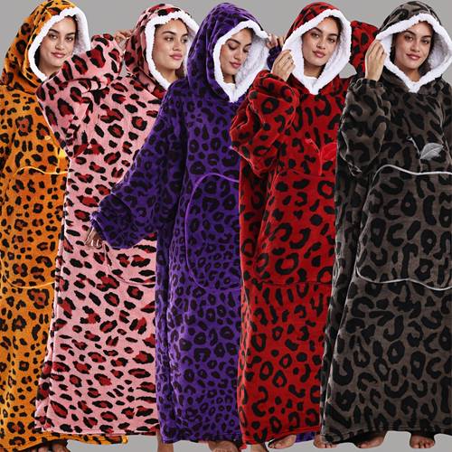 2025 new arrival cross border hot selling mens and womens couples style wearable blanket leopard print elegant color scheme large robe hoodie autumn and long sleeve thickened warm gift pocket 8 colors machine washable fits all plush material