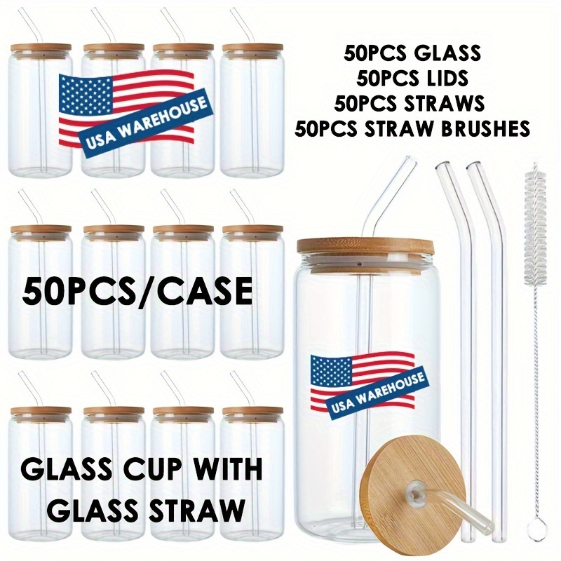 

50pack 16oz Shaped Glass Cups With Bamboo Lids And Glass Straws Suitable For Iced Coffee Juice Tea Milk Best Gifts