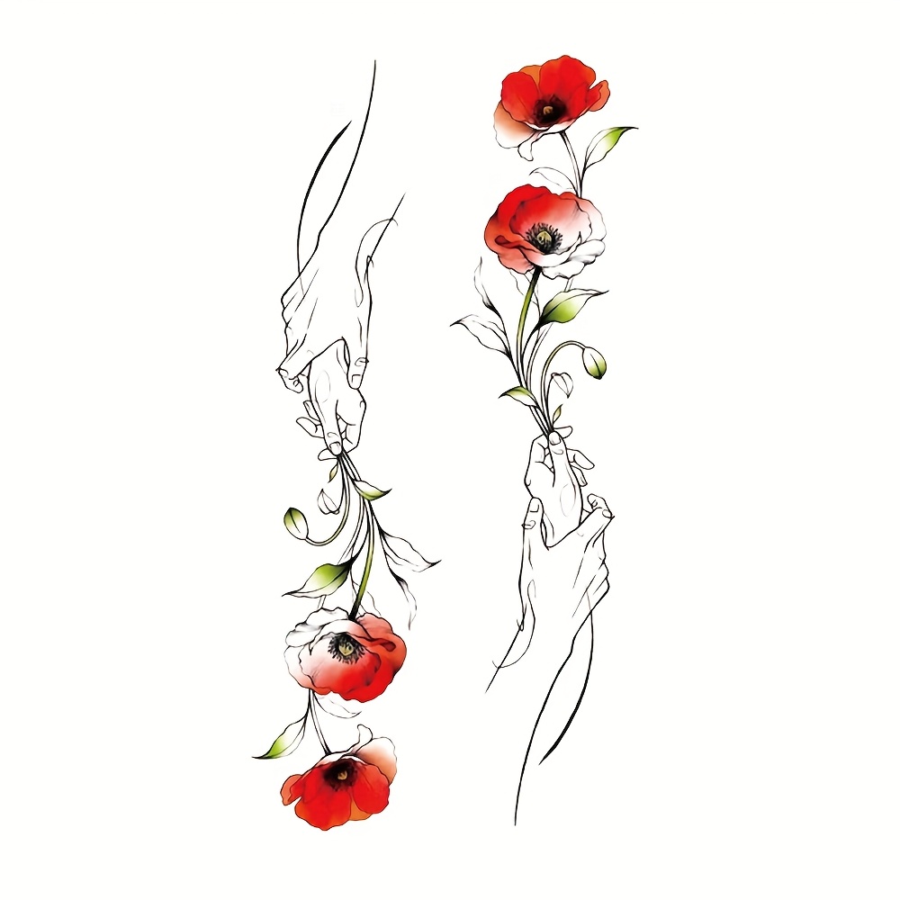 Waterproof Temporary Tattoo Sticker Red Small Fresh Simple Pattern Hand Holding Flowers Leaves Body Art Arm Fake Tattoos Sleeve For Women Men Hands Shoulders Abdomen Waist Legs Ankles