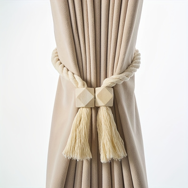 4pcs Bohemian Style Magnetic Curtain Tieback Set, Available in Brown or Beige with Cube-Shaped Magnets for Living Room and Bedroom Decor