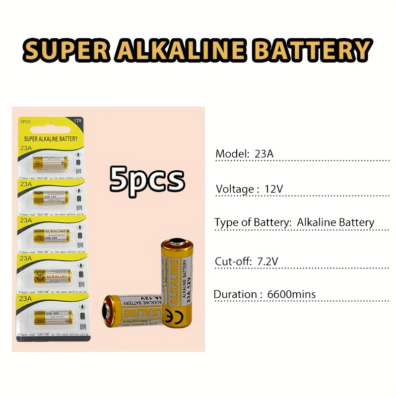 Image of 5pcs 23a 12v Alkaline Batteries (a23 Lr23a ) - Long-lasting, Durable, 23a , Compatible With Ceiling Fans, Doorbells, Remotes, Alarms, & More - Non- Aa/lr23/ - Ideal For Garage Door Openers