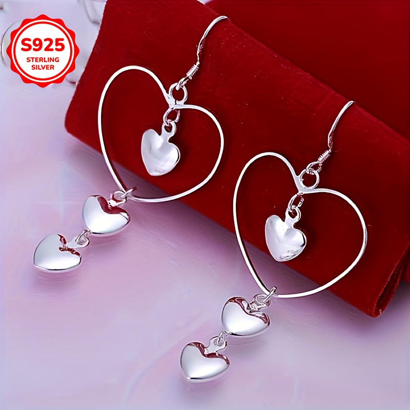 

3-heart Silver Earrings, 925 Sterling Jewelry For Women, Elegant & , Perfect Gift For Valentine's Day & Christmas, All-year Wear