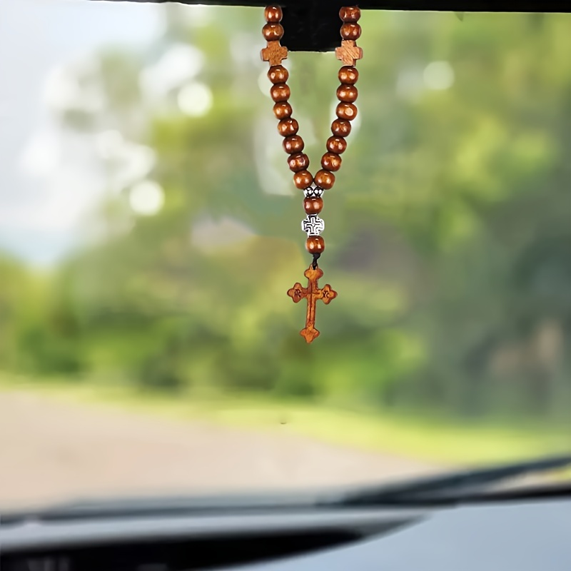 Rosary Car Rearview Mirror Charm - Blessing Bead Pendant With Cross, Lake Blue Glass & Alloy Decor