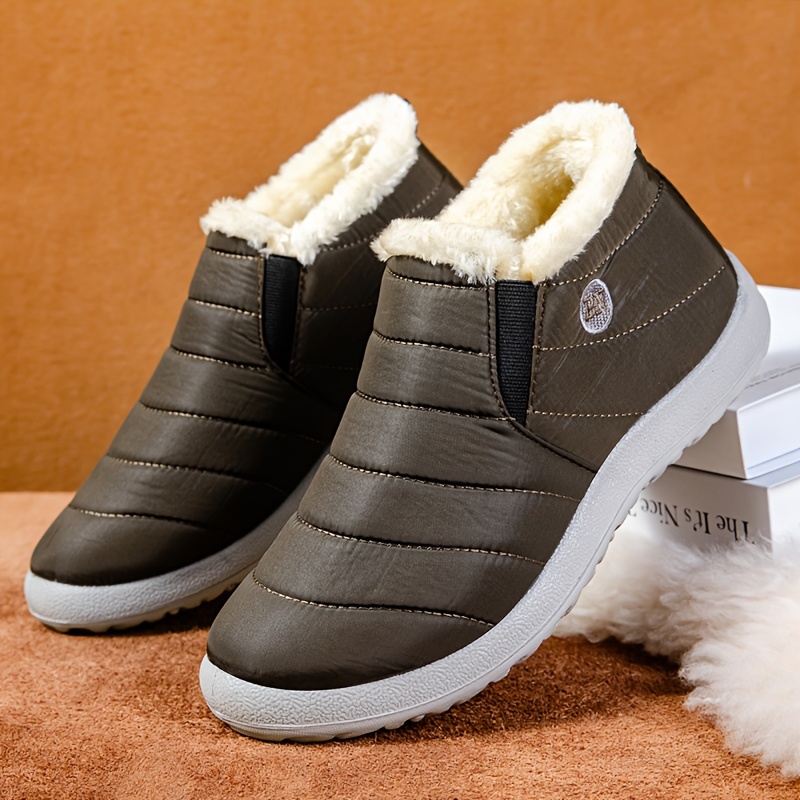 womens cozy slip on ankle boots waterproof warm fleece lined winter shoes with flat heel solid color details 1