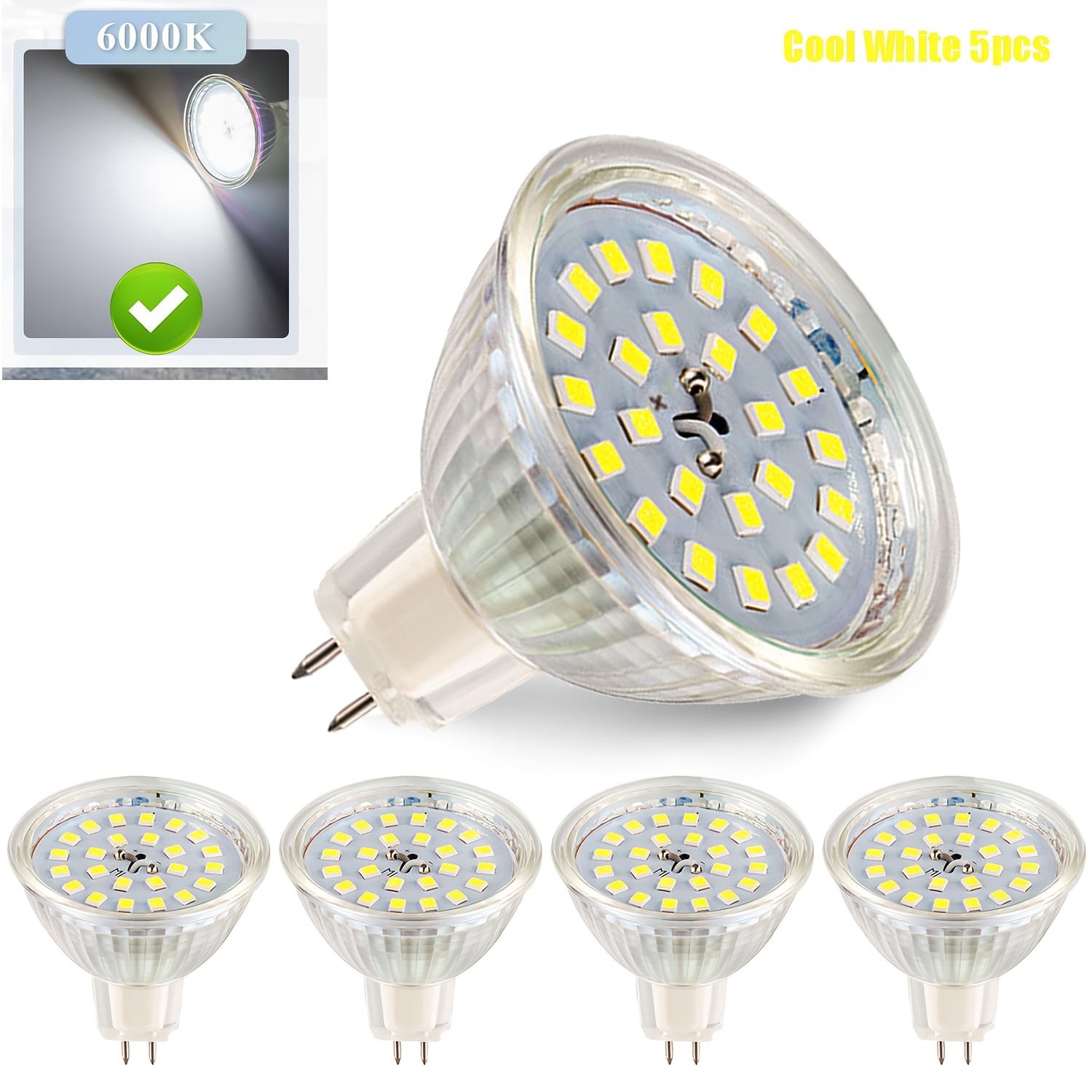 5pcs Mr16 Led Bulbs | Warm White 2700k/cool White 6000k, 5w, Ac/, Gu5.3 Base, 500lm, 120° Beam Angle, High Cri 83 Ra, Non-flicker, No Dimmable, Reflector Bulb Shape