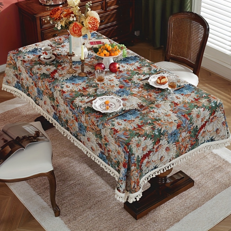 Vintage Floral Rectangular Tablecloth - Elegant Polyester Fabric with Vibrant Red, Orange,   Flowers,   Kitchen, Dining Room, Parties, Weddings & Outdoor Events, Multiple Sizes  , Party Table Decor | Floral Tablecloth | Polyester Tablecloth, Dining Table Decoration
