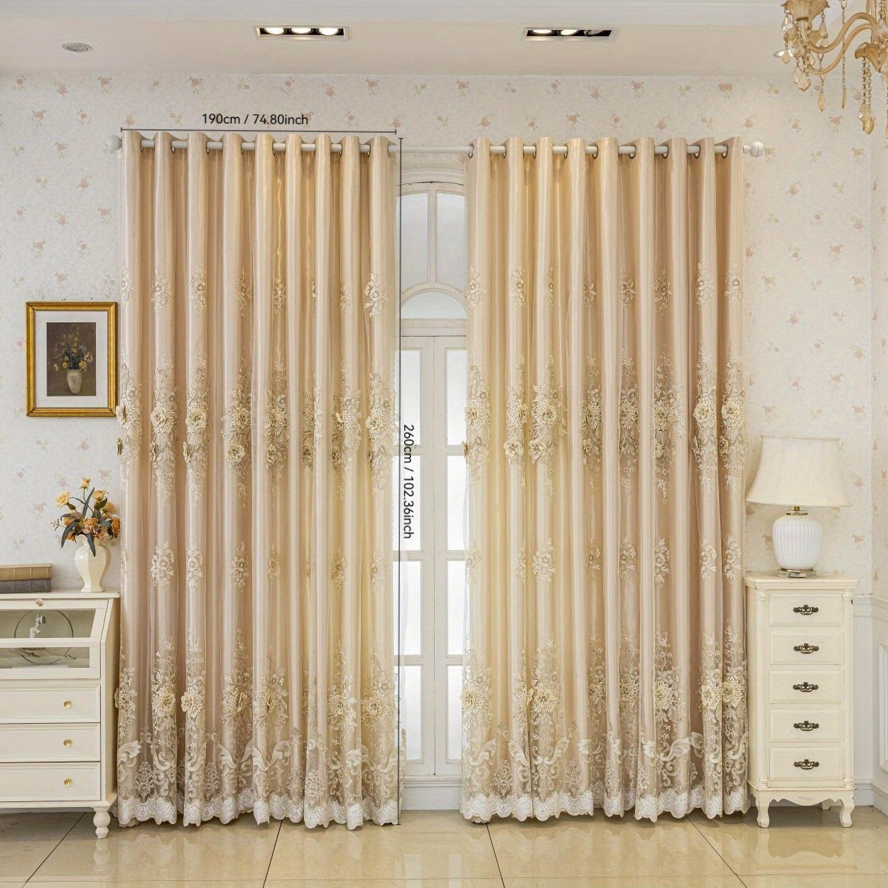 Image of 2pcs European Embroidery Double-layer Finished Curtain Suitable For Living Rooms, , And Dining Rooms. A Shading Curtain With Perforations For