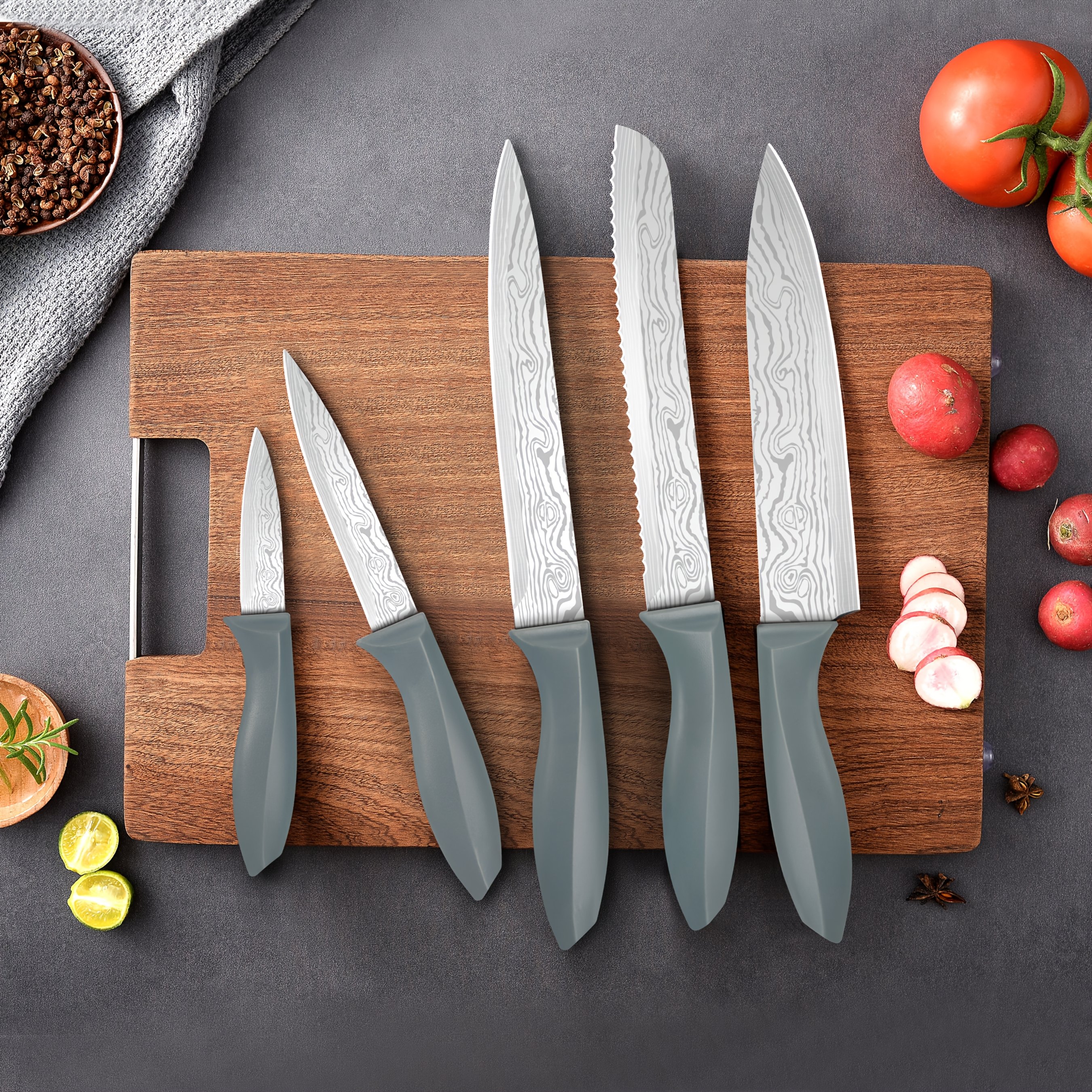 Damascus Patterned Stainless Steel Knife Set, Professional Kitchen Knife Collection, Chef'S Knife, Slicing Knife, Peeler, And Scissors, Made of High-Carbon Stainless Steel with Ultra-Sharp Blades, Featuring Non-Stick Ergonomic ABS Handles, Perfect for Home Use, Travel, And As a Gift Set.