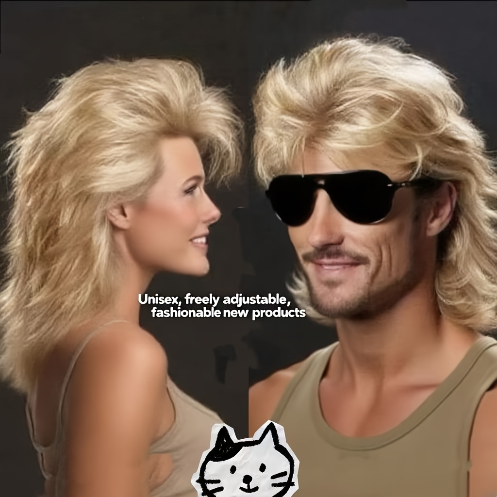 1pc Unisex Couple Mullet Wig, 80s Fancy Party Golden Synthetic Full Wig, Heat-resistant Fiber Comfortable Breathable Wig For Daily Wear, Festival Party, Cosplay, Halloween Costume