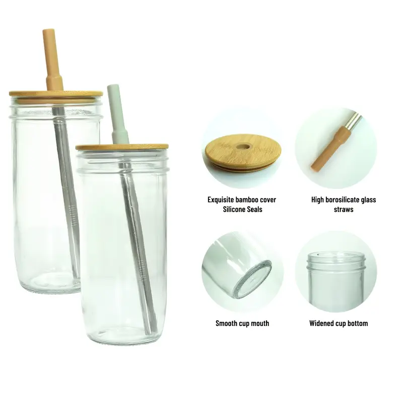 glass tumbler with lids and straws 2pcs 24oz glass drinking jars with lids and straws reusable wide mouth mason jar iced coffee cup smoothie cup coffee travel mug for graduation season Product details 0