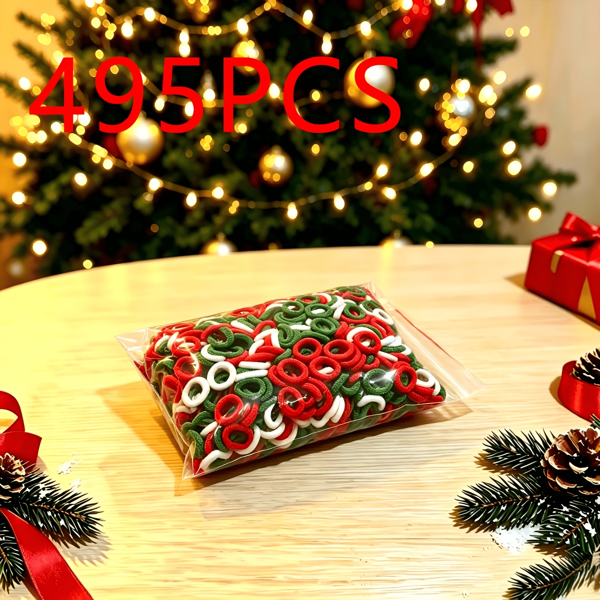 TEMU Lot de 495 chouchous de Noël pour filles, attaches à cheveux à boucle pouce rouge/vert/blanc à haute élasticité qui n'abîment pas les cheveux,