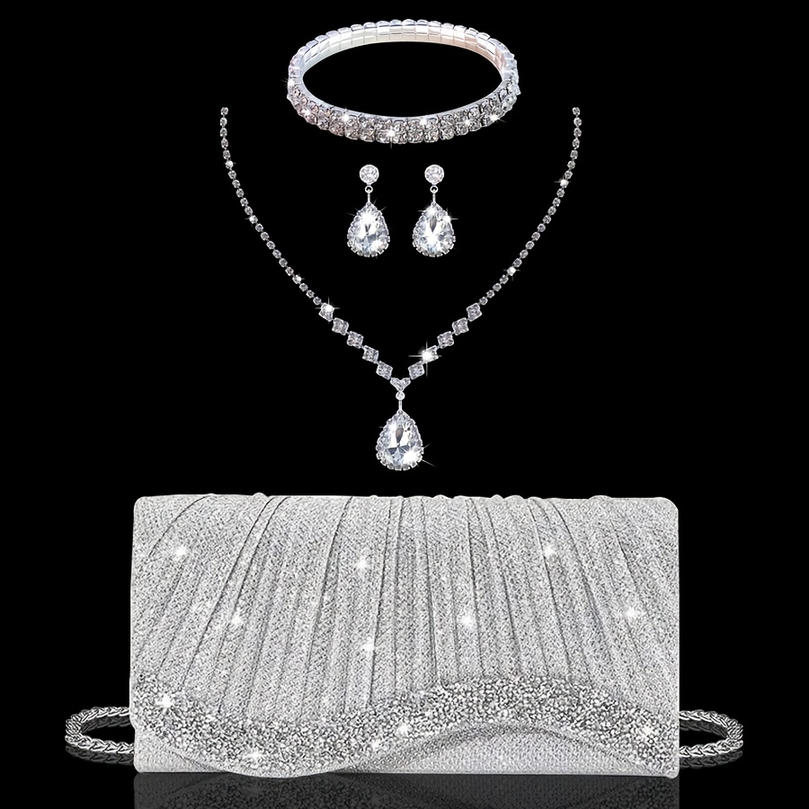 TEMU Pochette brillante avec strass pour femmes, pochette de soirée plissée, à avec un ensemble de bijoux étincelants en strass, collier avec