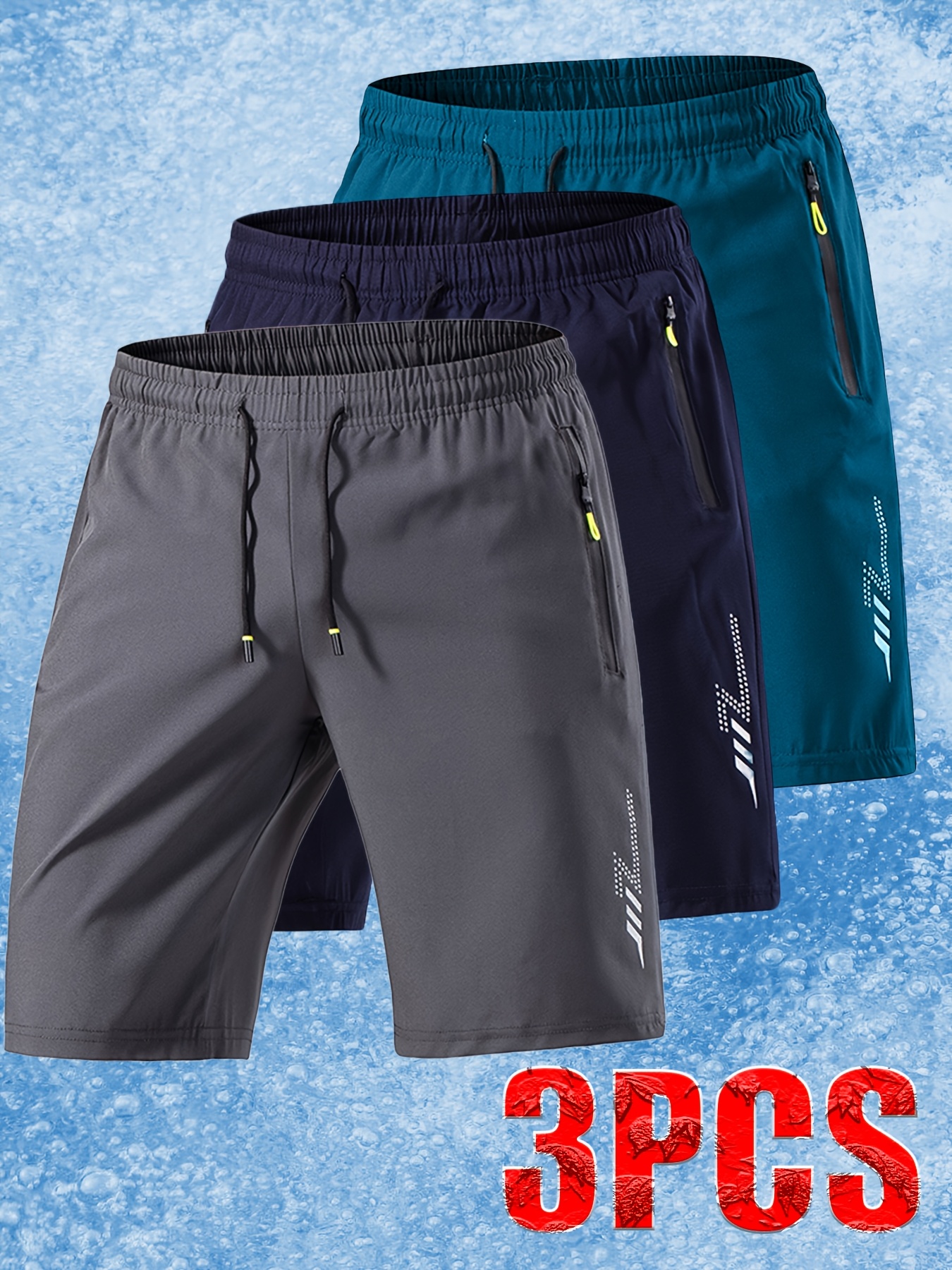 3pcs Men'S Ice Sliky Fiber Fabric Athletic Shorts - Soft Comfortable Fabric with Lightning Bolt Print, Elastic Waistband & Drawstring, Side Pockets, Lightweight Breathable Design for Summer, Travel, Gym, Casual Wear - Solid Color (, Dark, Teal)