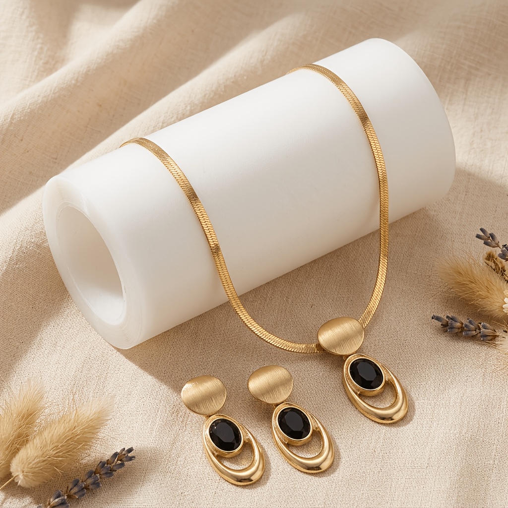 Golden Brushed Black Faux Gemstone Geometric Jewellery Set