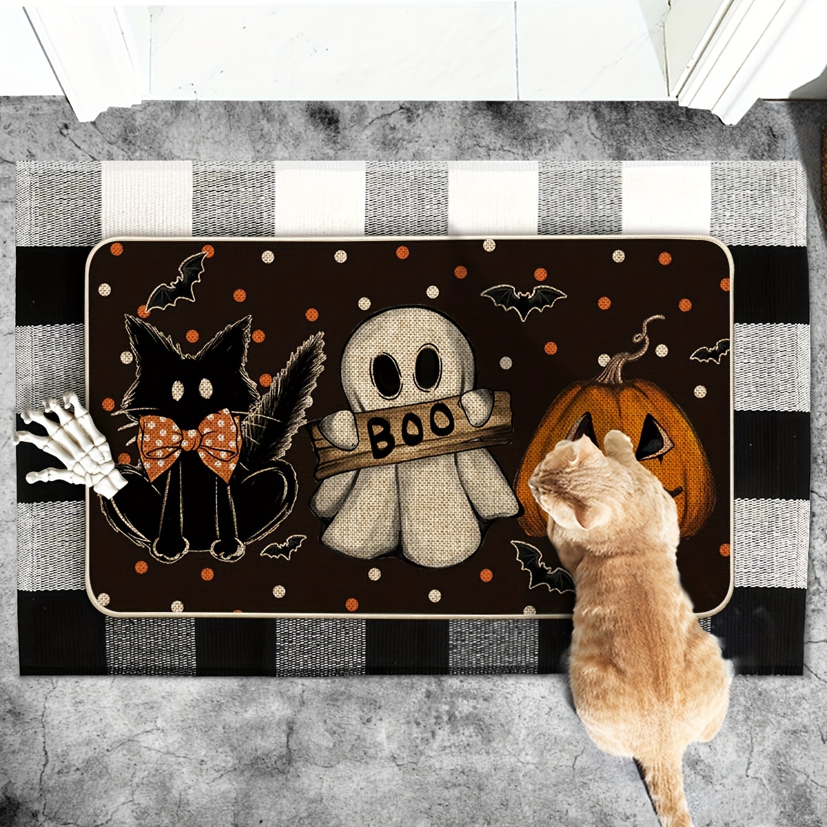 

Sm:)e Black Cat Jack-o'-lantern Pumpkins Doormat, Seasonal Low-profile Floor Switch Mat For Indoor Outdoor 17x29 Inch