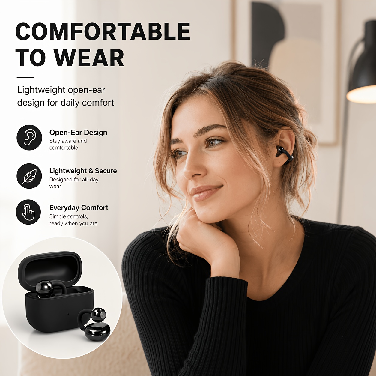 open ear rechargeable sound amplifier   with portable charging box light and comfortable ear hook design convenient control compact personal listening equipment suitable for daily indoor and outdoor use black and white Product details 4
