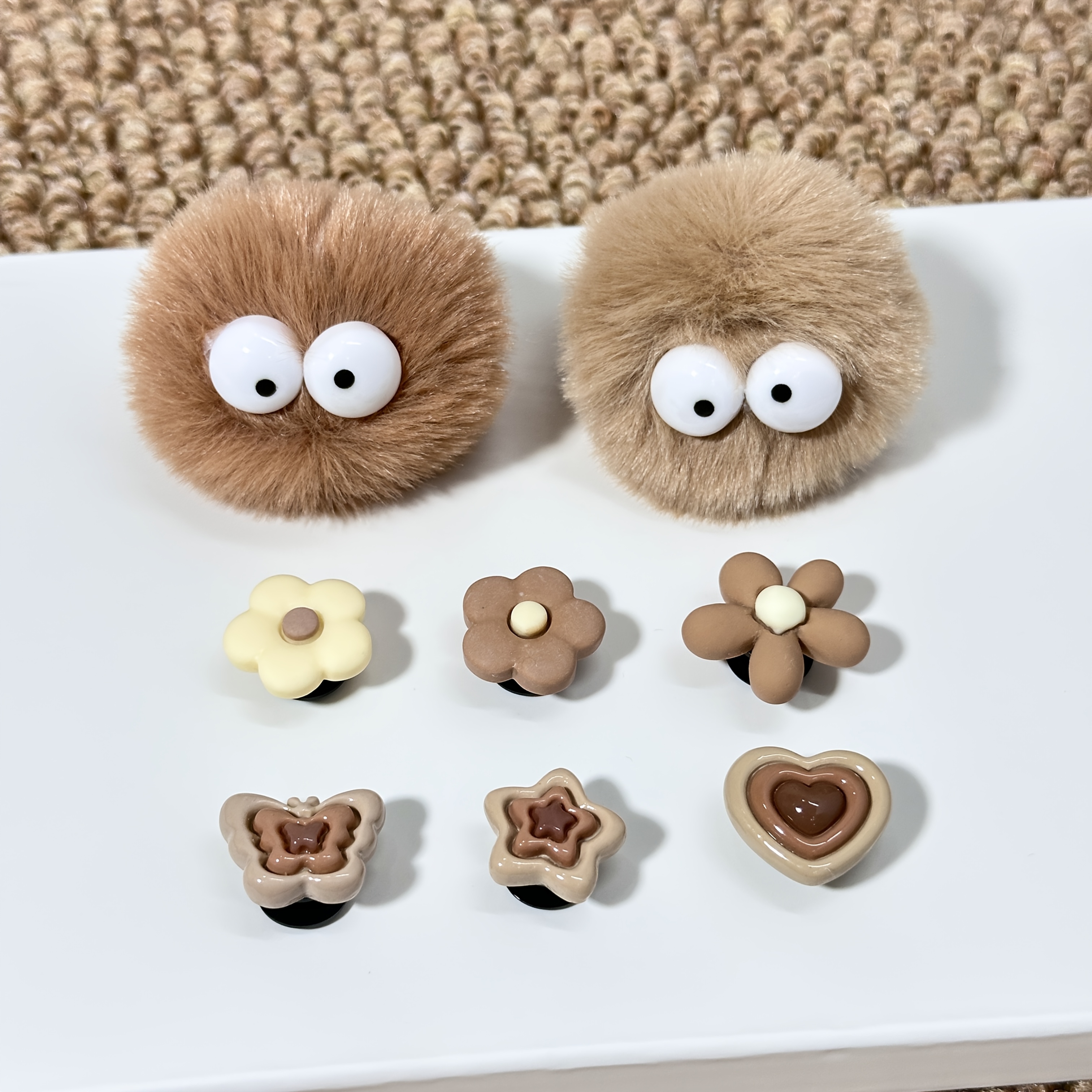 TEMU 8pcs Shoe Charms Set - Detachable Abs Accessories With Hairballs Featuring Eye Hairballs, Flowers, Suitable For Decorated Sandals And Garden