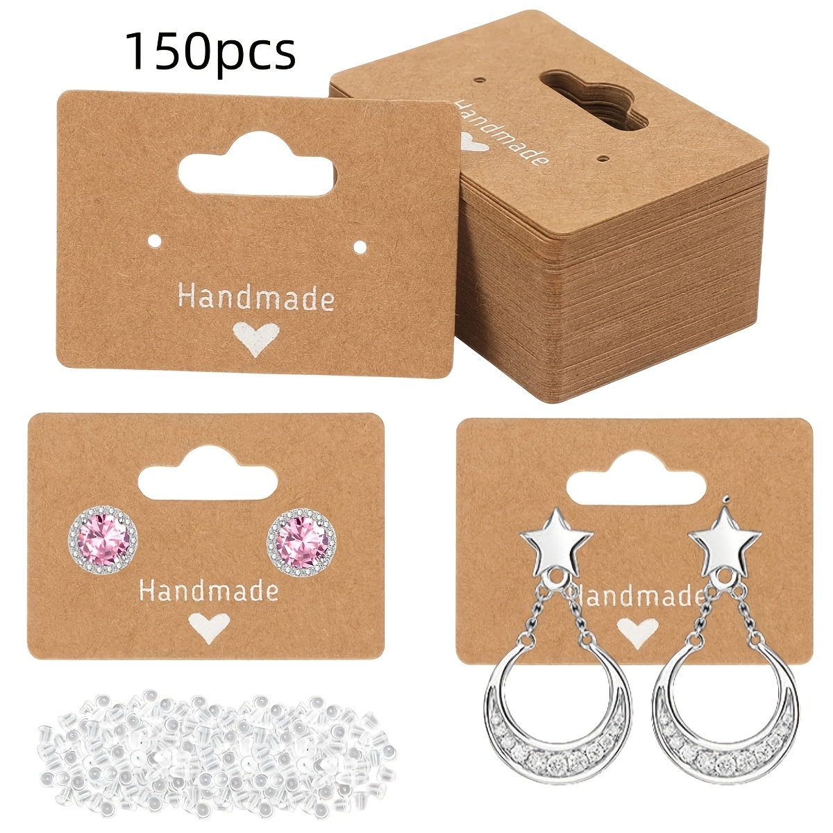 Image of 150pcs Earring Cards Kit - 50pcs Brown Earring Display Cards, 100pcs Rubber Earring Backs, Jewelry Display Cards For Selling, Hanging Earrings