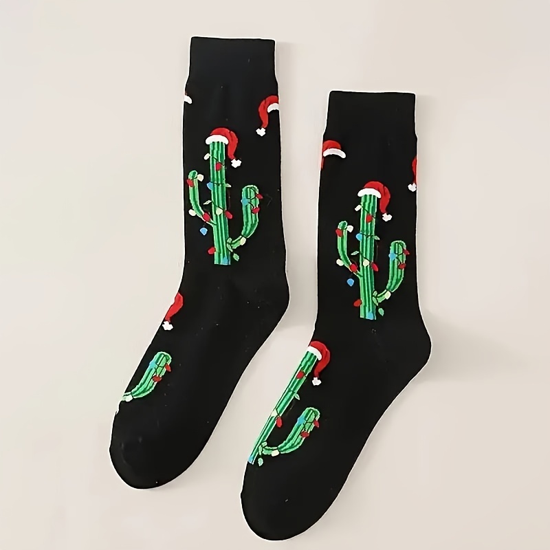 

A Pair Of Christmas Cactus And Santa Hat Printed Mid-calf Socks