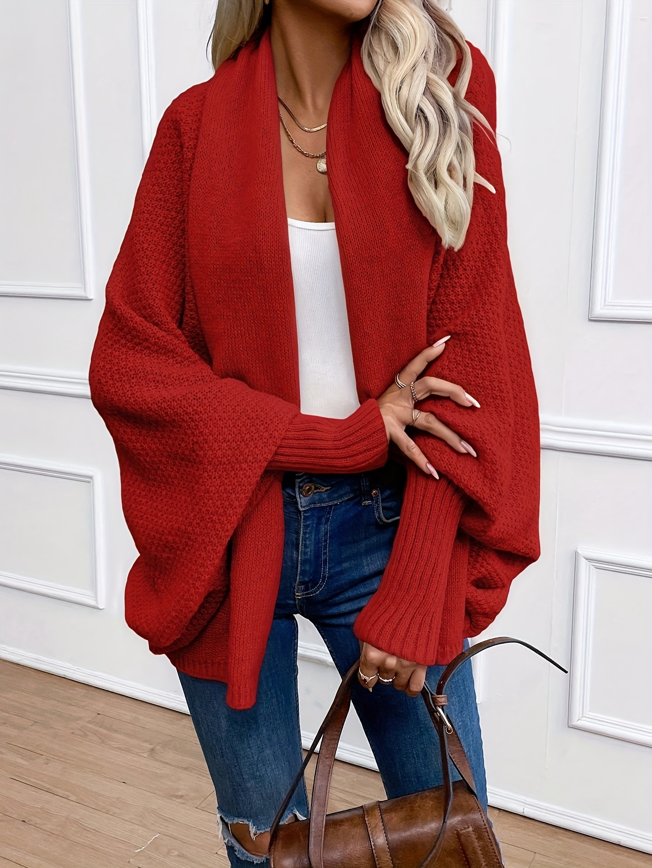 elegante rote damen strickjacke laternenärmeln schickes Temu Germany