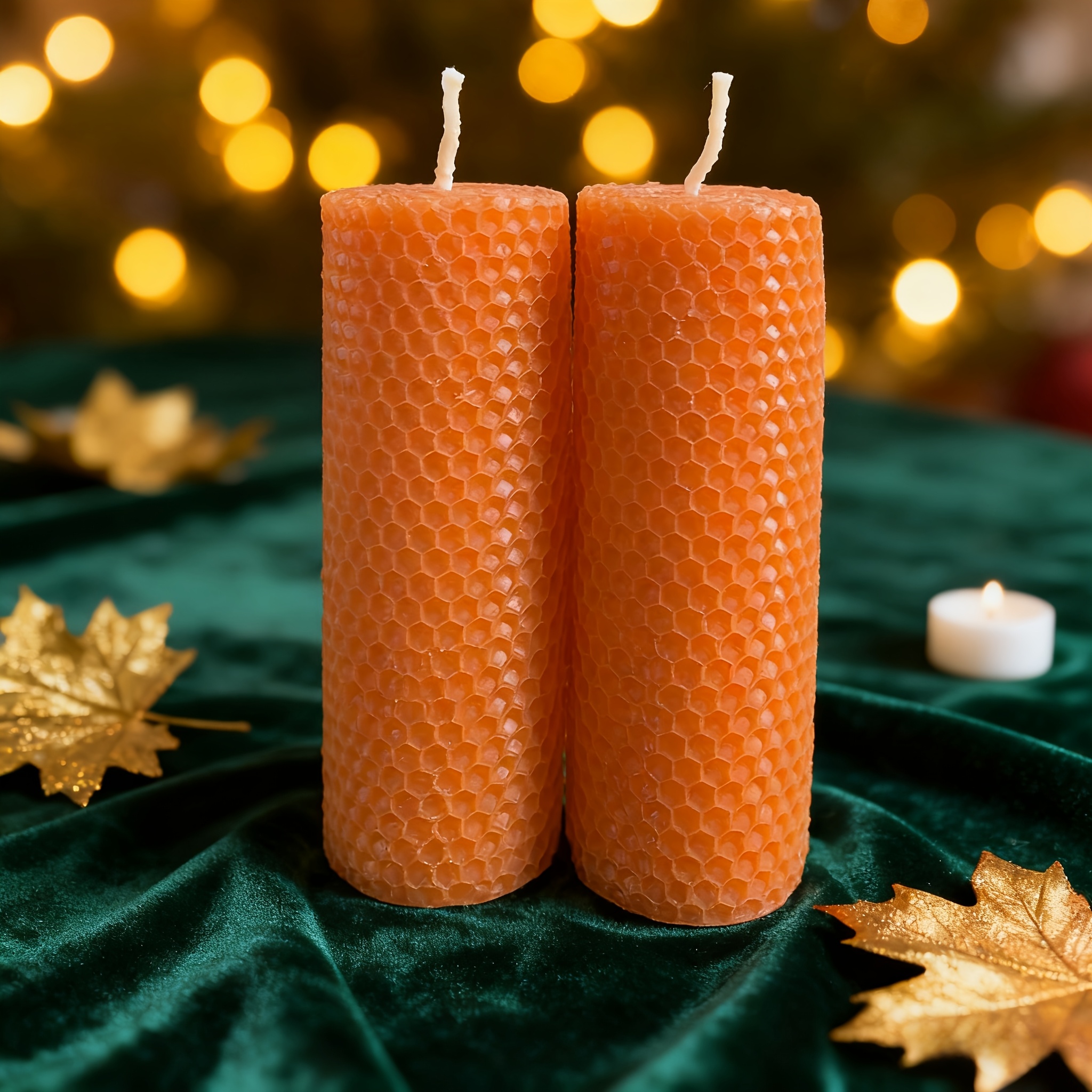 Un juego de 2 velas de cera de abeja, velas festivas, cera de abeja enrollada, velas de cera de abeja naranja hechas a mano, negras, tamaño 5X15Cm, tiempo de combustión prolongado, adecuadas para Navidad, Halloween, fiestas, decoración del hogar, velas de invierno, Día de San Valentín, Hanukkah