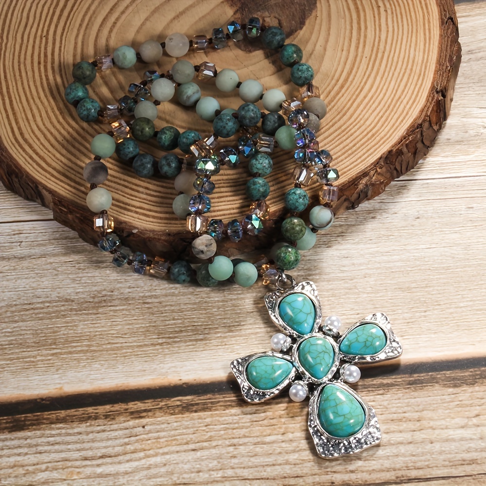 

Boho Green Collier En Pierre Naturelle En Cristal De Verre Collier Pendentif Croix Chaîne De Pull Pour Femmes Port Quotidien