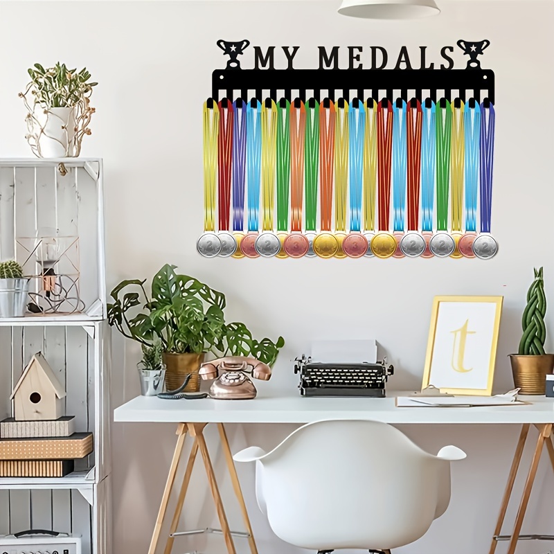 

1pc, 15.8inch X 3.74inch Customizable Sports Medal Holder - Wall-mounted, , Holds 60 Medals & Ribbons For Running, Soccer, Softball - Modern Iron Home Decor, Christmas Gift